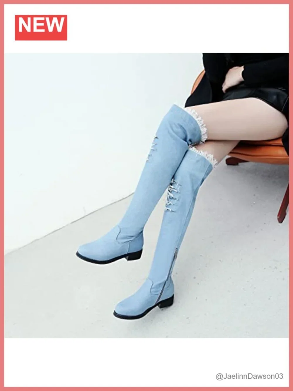 Denim Over the Knee Boots Flat Chunky Heel Side Zipper